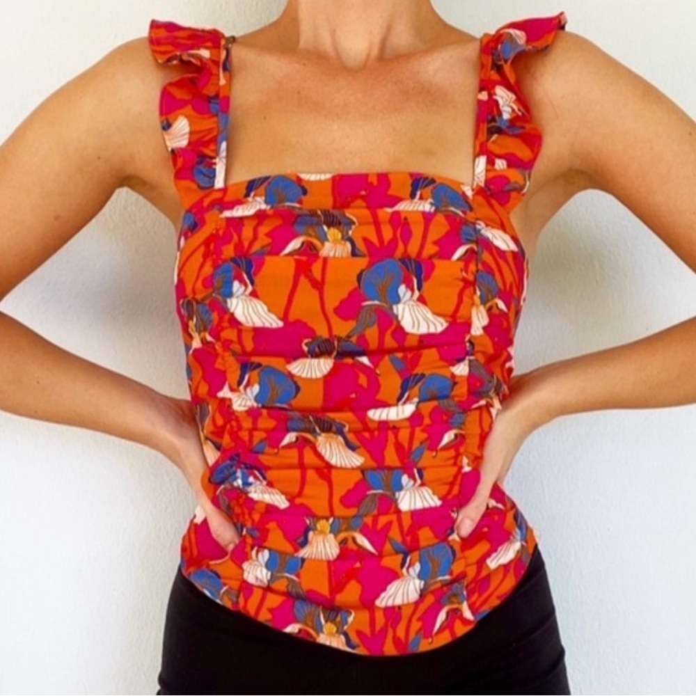 Rose + Olive Orange Pink Floral‎ Iris Ruched Ruffle Strap Smocked Back Top M
